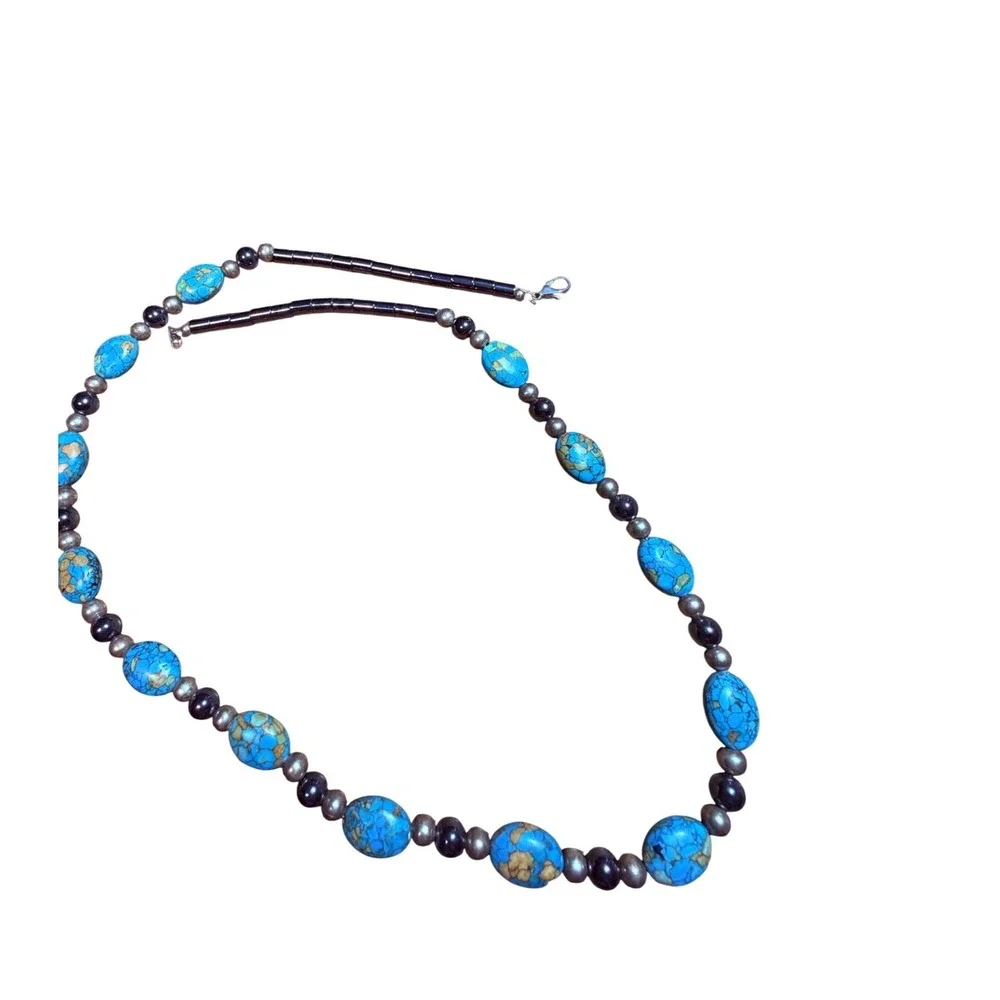Simulated Turquoise Hermatite Beaded Necklace Southwestern Blue Silver Tone 27